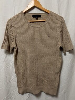 Tommy Hilfiger Women’s beige cable knit short sleeve sweater shirt 100% cotton